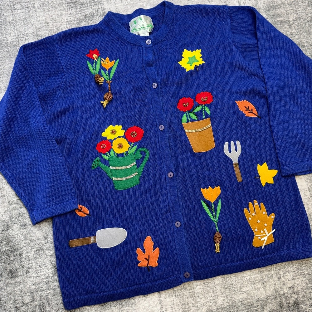 VTG Quacker Factory Cardigan Sweater 1X Gardening Harvest Fall Leaves Embroider